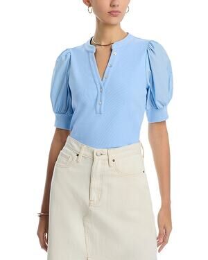 Single Thread Women Light Blue Mixed Media Short Puff Sleeve Henley Top Size XS